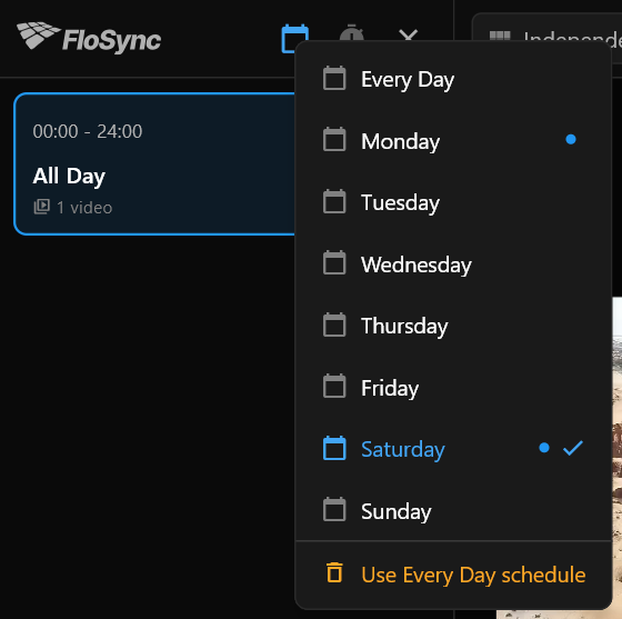 The schedule panel's day menu listing Every Day and the seven days, with Saturday checked, a dot on Monday and Saturday, and Use Every Day schedule at the bottom.