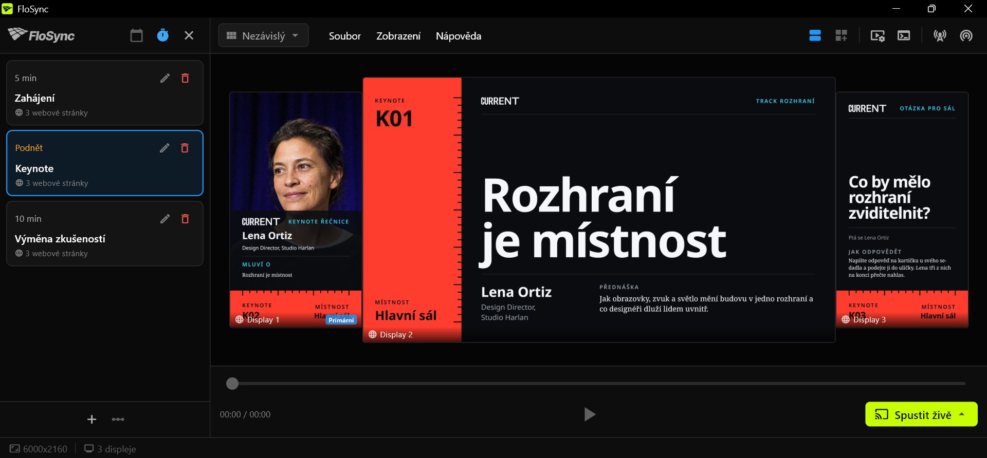 Editor FloSync s otevřeným panelem harmonogramu v režimu Intervalový, třemi scénami s názvy Zahájení, Keynote a Výměna zkušeností s vybranou Keynote, a třemi grafikami Front Row pro Keynote na svislé, vodorovné a svislé obrazovce
