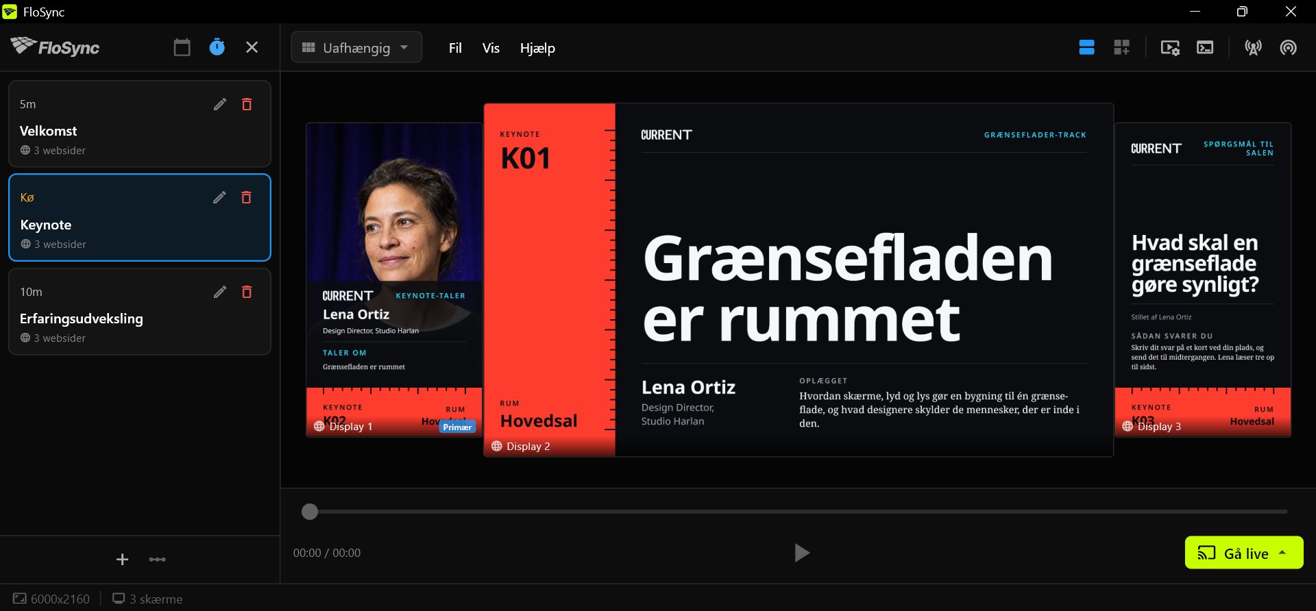 FloSyncs kompositionsvisning med tidsplanspanelet åbent i Intervaltilstand, tre scener kaldet Velkomst, Keynote og Erfaringsudveksling med Keynote valgt, og Keynotes tre Front Row-designs på en stående, en liggende og en stående skærm