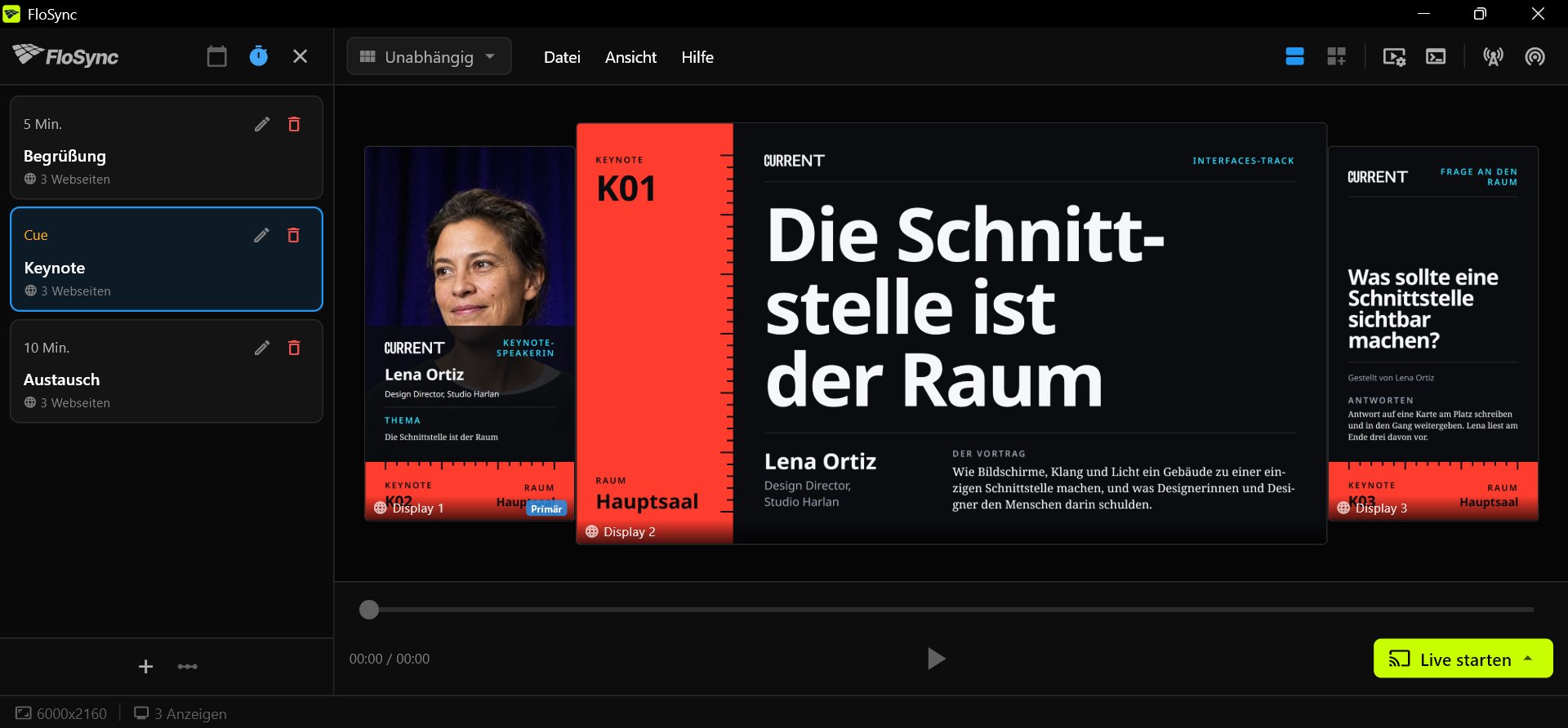FloSyncs Composer mit geöffnetem Zeitplan-Panel im Intervall-Modus, drei Szenen namens Begrüßung, Keynote und Austausch mit ausgewählter Keynote, und Keynotes drei Front Row Designs auf einem Hochformat-, einem Querformat- und einem Hochformat-Bildschirm