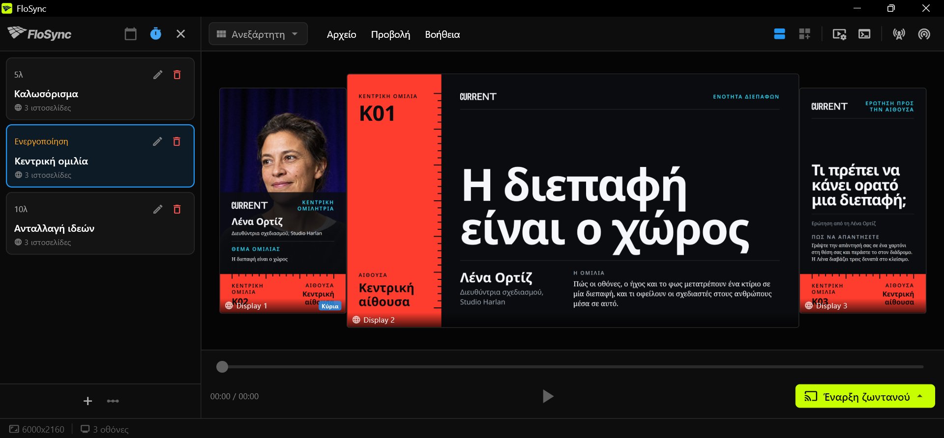 Ο composer του FloSync με το πάνελ χρονοπρογραμματισμού ανοιχτό σε λειτουργία Διάστημα, τρεις σκηνές με τα ονόματα Καλωσόρισμα, Κεντρική ομιλία και Ανταλλαγή ιδεών με την Κεντρική ομιλία επιλεγμένη, και τα τρία σχέδια Front Row της Κεντρικής ομιλίας σε μια οθόνη portrait, μια landscape και μια portrait