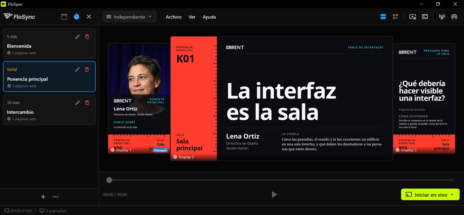 El compositor de FloSync con el panel de programación abierto en modo Intervalo, tres escenas llamadas Bienvenida, Ponencia principal e Intercambio con Ponencia principal seleccionada, y los tres diseños de Front Row de Ponencia principal en una pantalla vertical, una horizontal y una vertical