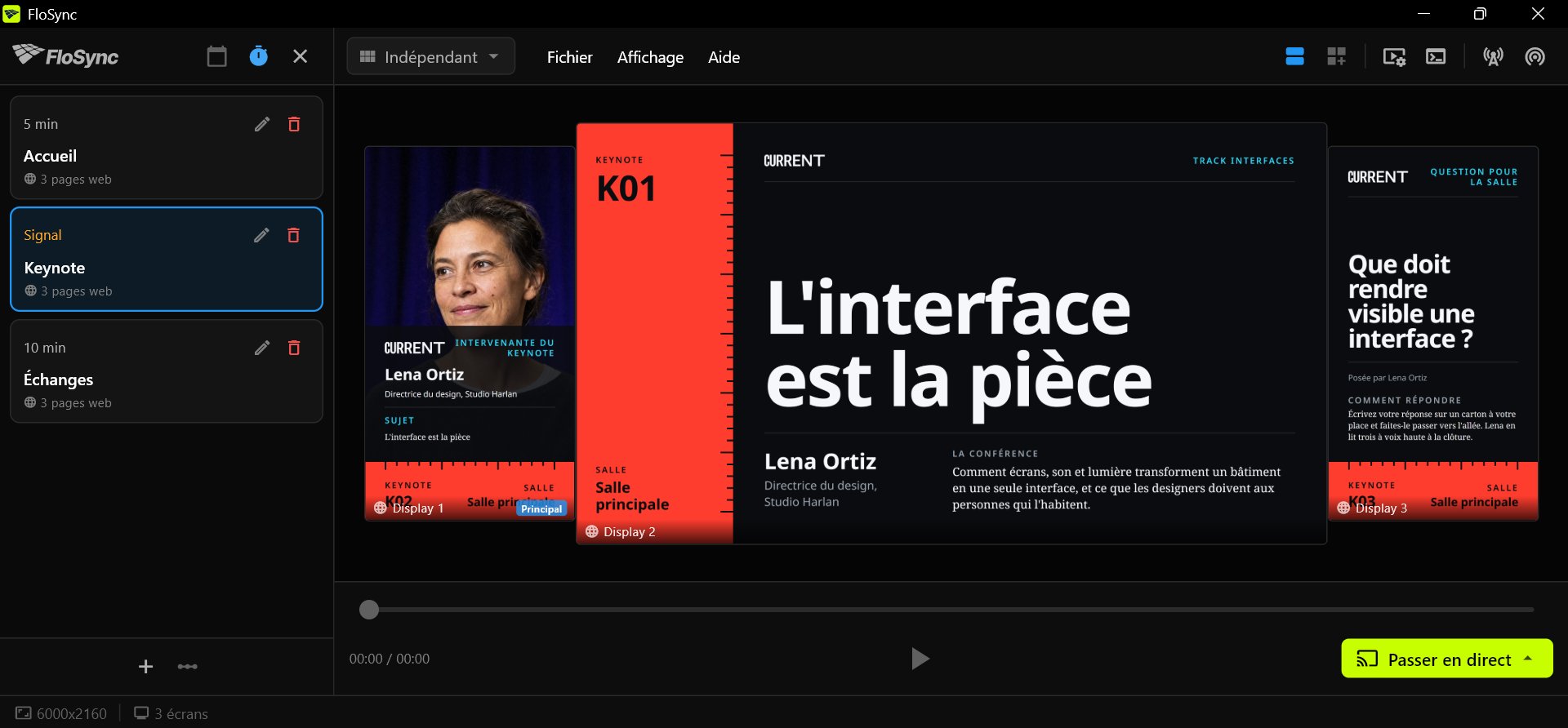 Le compositeur FloSync avec le panneau de programmation ouvert en mode intervalle, trois scènes nommées Accueil, Keynote et Échanges avec Keynote sélectionnée, et les trois visuels Front Row de Keynote sur un écran portrait, un paysage et un portrait