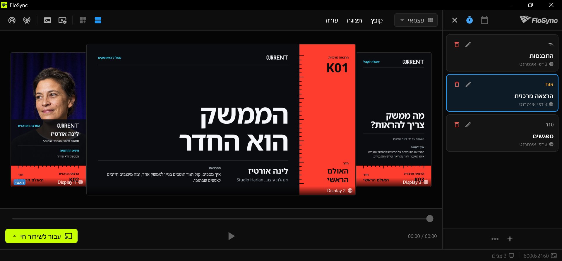 הקומפוזר של FloSync עם לוח הזמנים פתוח במצב מרווחים, שלוש סצנות בשמות התכנסות, הרצאה מרכזית ומפגשים כשהרצאה מרכזית מסומנת, ושלושת עיצובי Front Row של הרצאה מרכזית מוצגים על מסך לגובה, מסך לרוחב ומסך לגובה