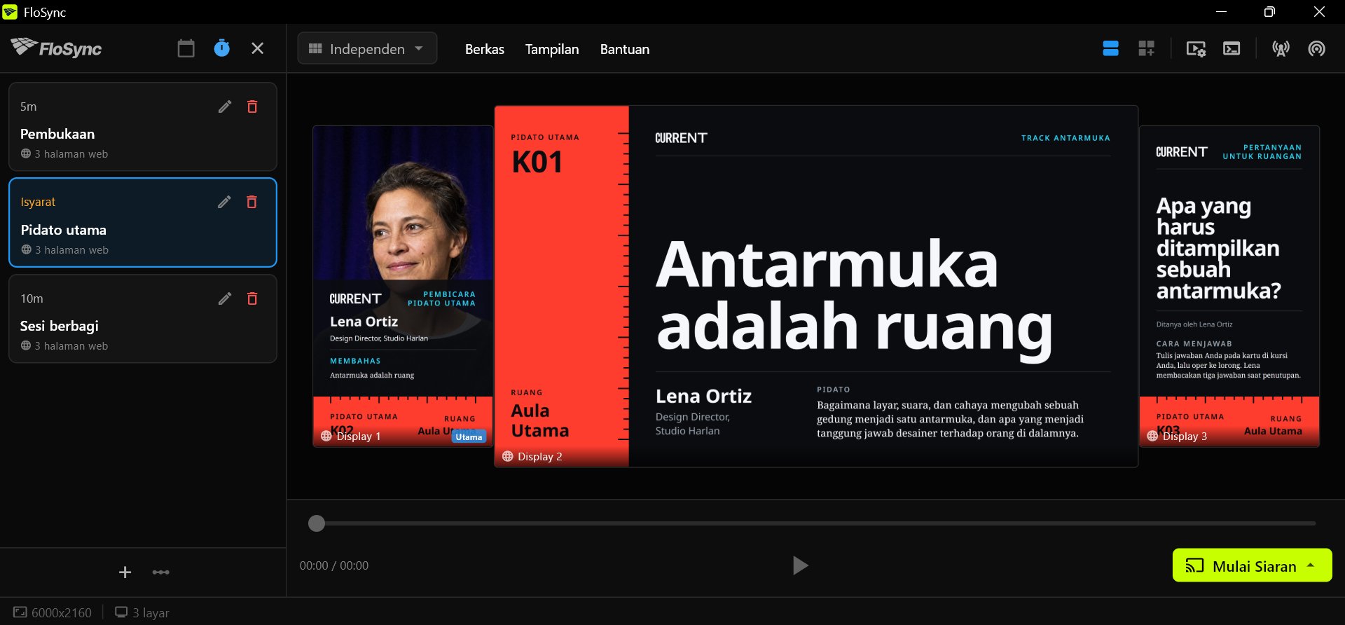 Panel kontrol FloSync dengan panel jadwal terbuka dalam mode Interval, tiga scene bernama Pembukaan, Pidato utama, dan Sesi berbagi dengan Pidato utama dipilih, dan tiga desain Front Row milik Pidato utama pada layar potret, lanskap, dan potret