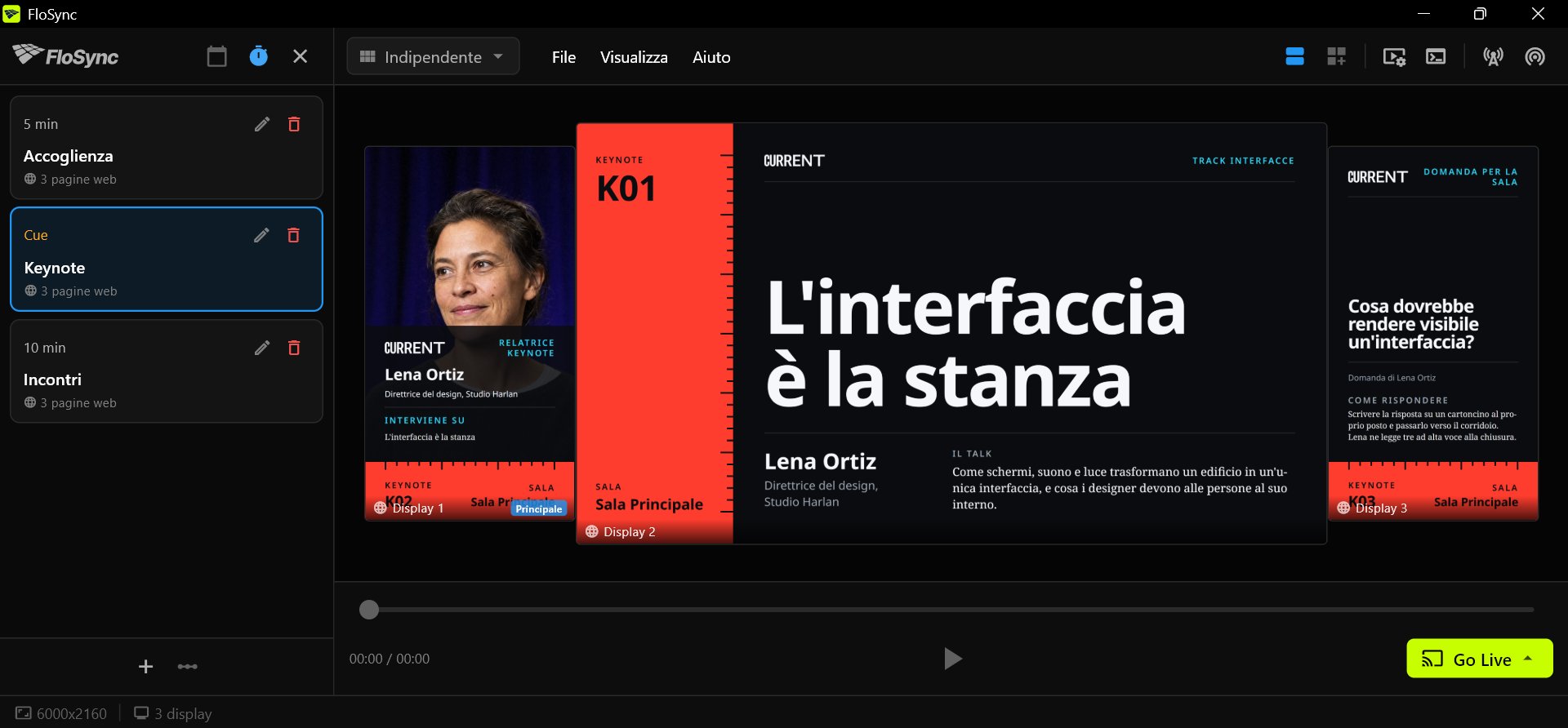 Il compositore di FloSync con il Pannello pianificazione aperto in modalità a intervalli, tre scene chiamate Accoglienza, Keynote e Incontri con Keynote selezionata, e i tre design Front Row di Keynote su uno schermo verticale, uno orizzontale e uno verticale