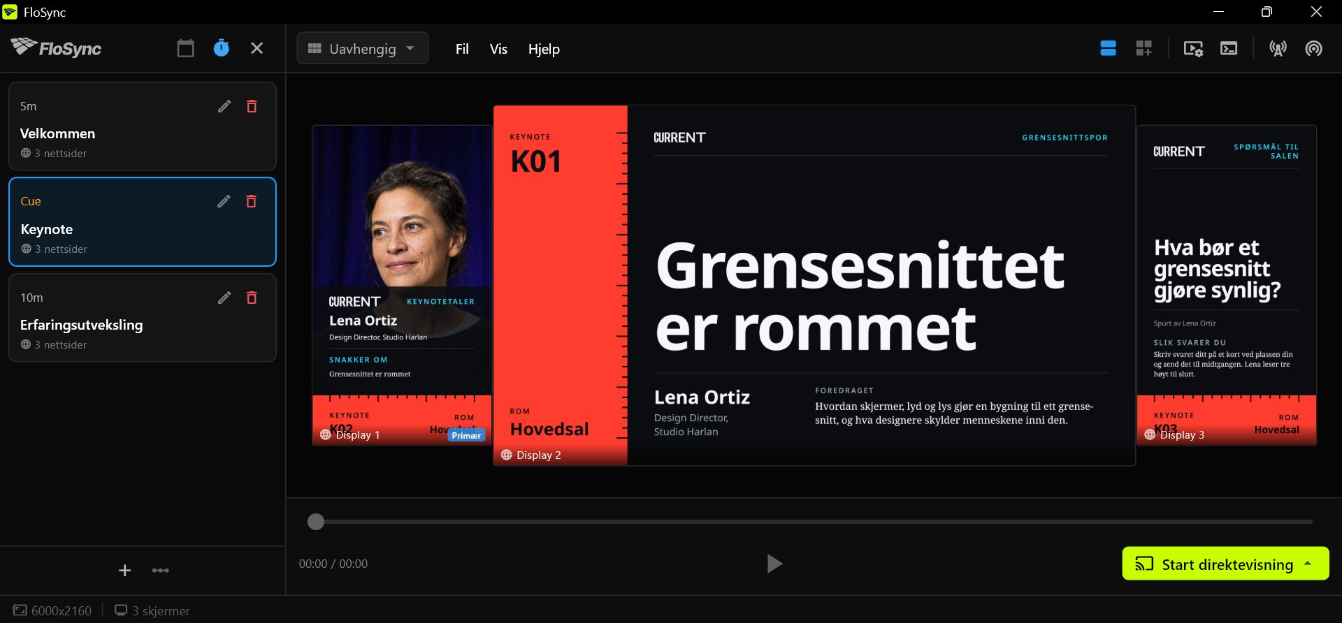 FloSyncs redigeringsvisning med tidsplan-panelet åpent i Intervallmodus, tre scener kalt Velkommen, Keynote og Erfaringsutveksling med Keynote valgt, og Keynotes tre Front Row-design på en stående, en liggende og en stående skjerm