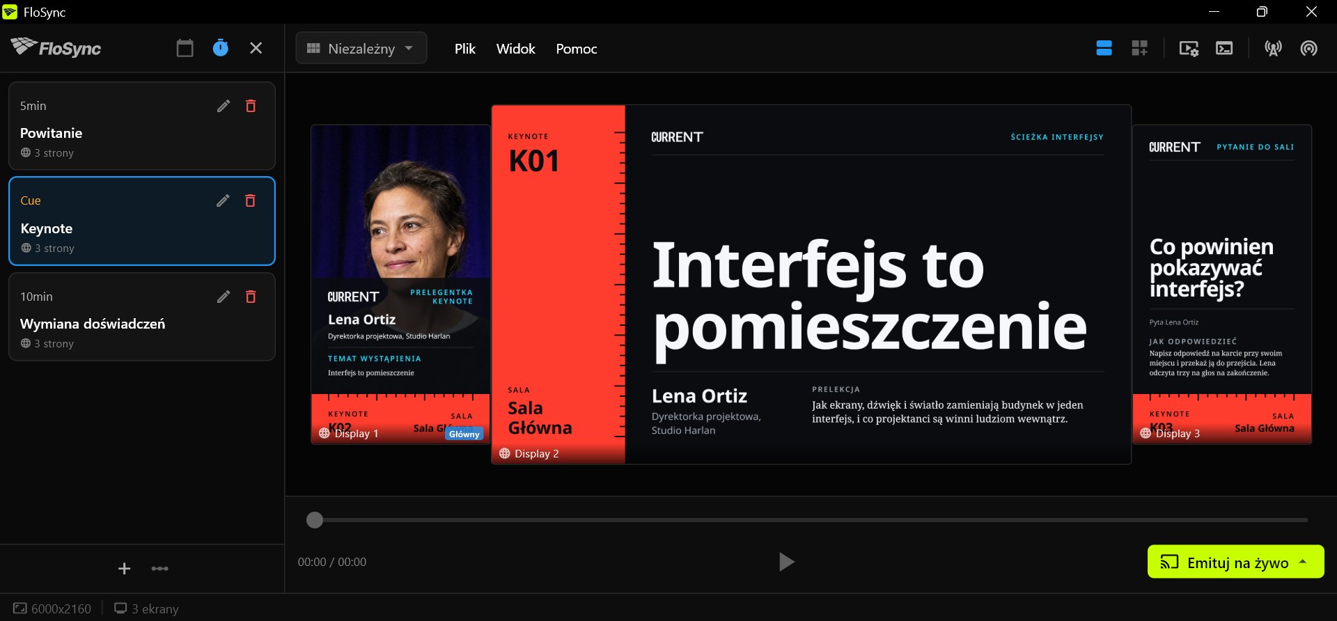 Kompozytor FloSync z otwartym panelem harmonogramu w trybie Interwałowym, trzema scenami o nazwach Powitanie, Keynote i Wymiana doświadczeń, z zaznaczoną Keynote, oraz trzema grafikami Front Row na ekranie pionowym, poziomym i pionowym