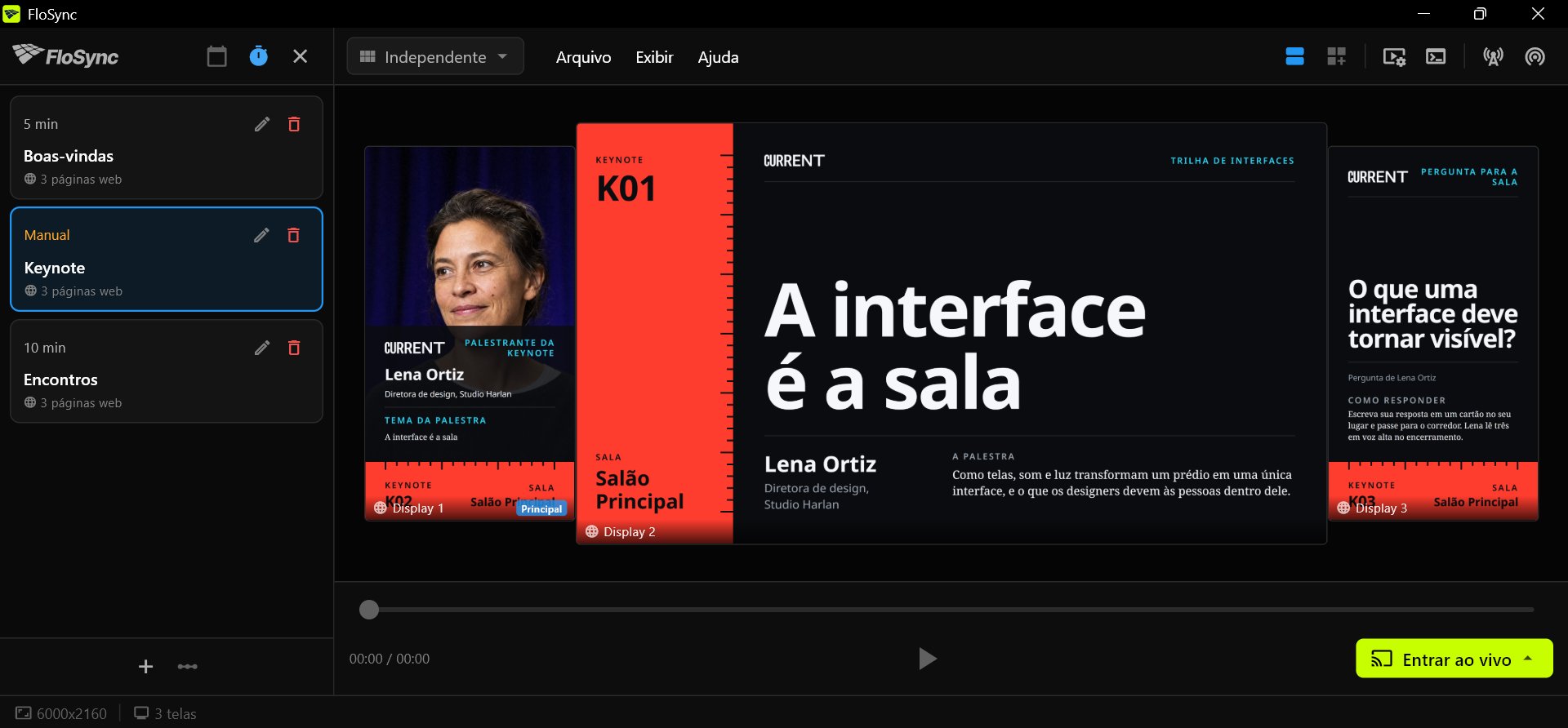 O compositor do FloSync com o painel de agendamento aberto no modo Intervalo, três cenas chamadas Boas-vindas, Keynote e Encontros com Keynote selecionada, e os três designs do Front Row de Keynote em uma tela retrato, uma paisagem e uma retrato