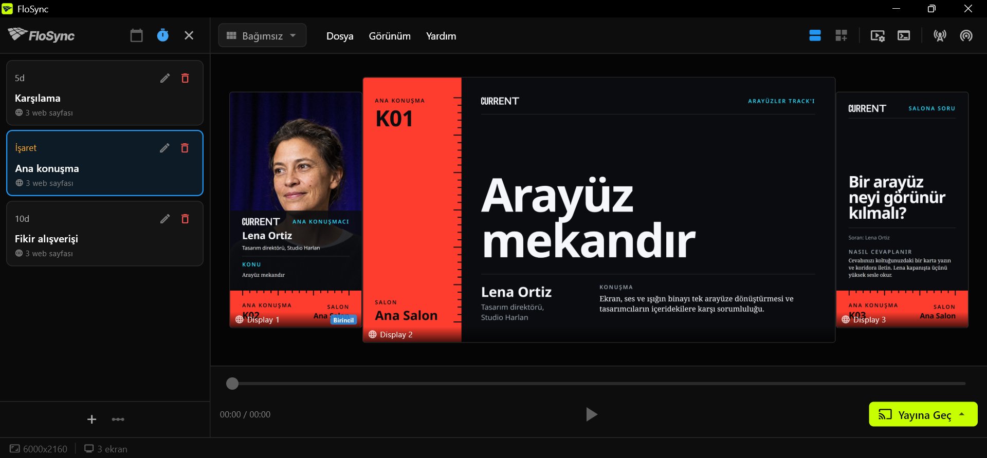 FloSync'in kontrol paneli, Aralık modunda açık program paneliyle; Karşılama, Ana konuşma ve Fikir alışverişi adlı üç sahne, Ana konuşma seçiliyken, ve Ana konuşma'nın bir dikey, bir yatay ve bir dikey ekrandaki üç Front Row tasarımı