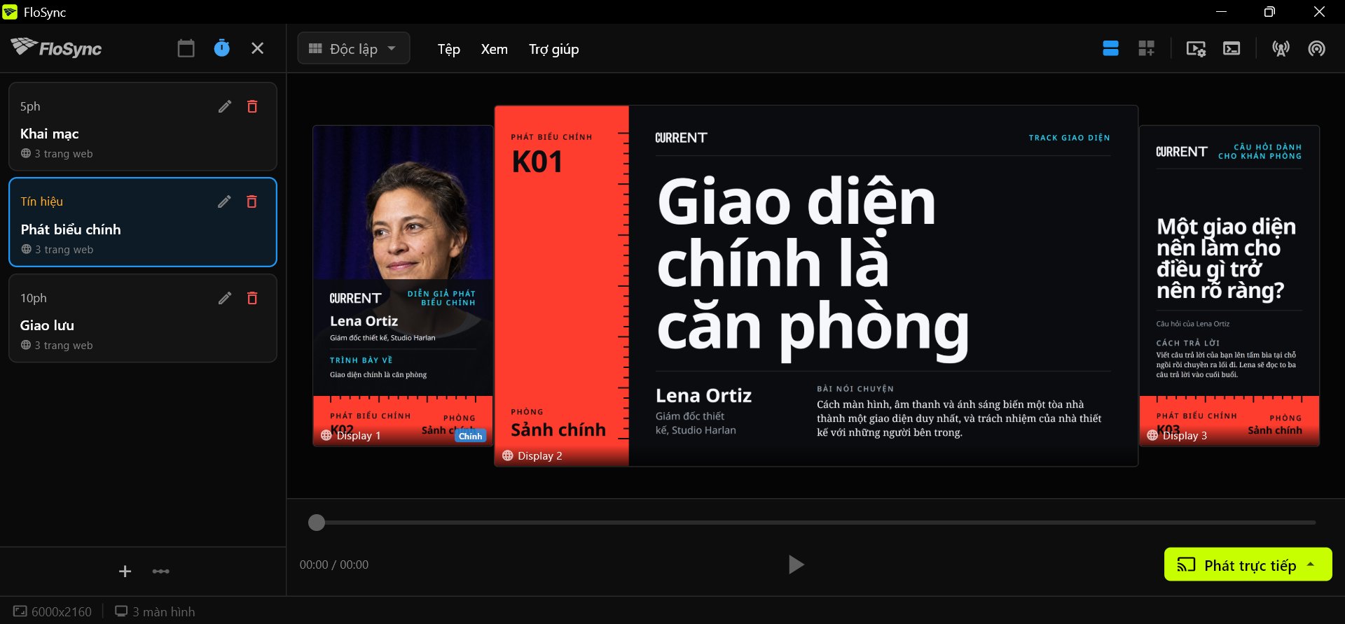 Giao diện chính của FloSync với bảng lịch đang mở ở chế độ Theo khoảng, ba cảnh tên Khai mạc, Phát biểu chính và Giao lưu với Phát biểu chính được chọn, và ba thiết kế Front Row của Phát biểu chính trên một màn hình dọc, một màn hình ngang và một màn hình dọc