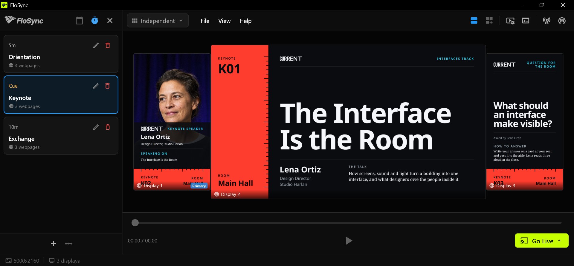 FloSync's composer with the schedule panel open in Interval mode, three scenes named Orientation, Keynote and Exchange with Keynote selected, and Keynote's three Front Row designs on a portrait, a landscape and a portrait screen