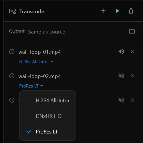 The Transcode panel with three queued files and the format menu open on the second, listing H.264 All-Intra, DNxHR HQ and ProRes LT, with ProRes LT checked.