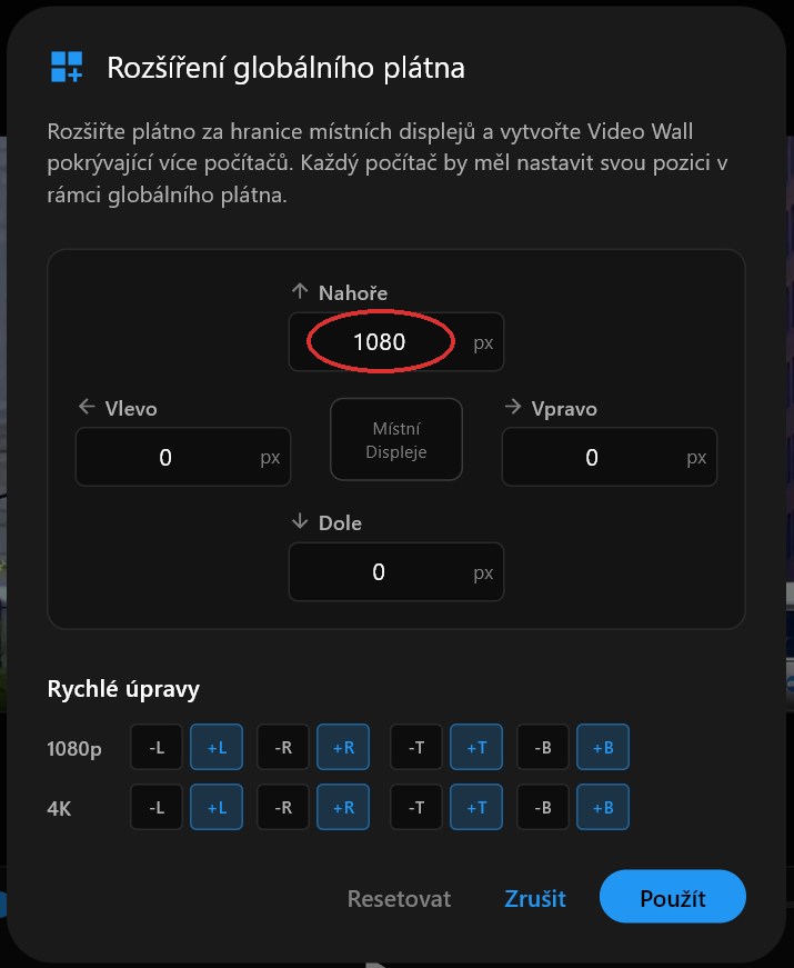 Dialog Rozšíření globálního plátna s polem Nahoře nastaveným na 1080