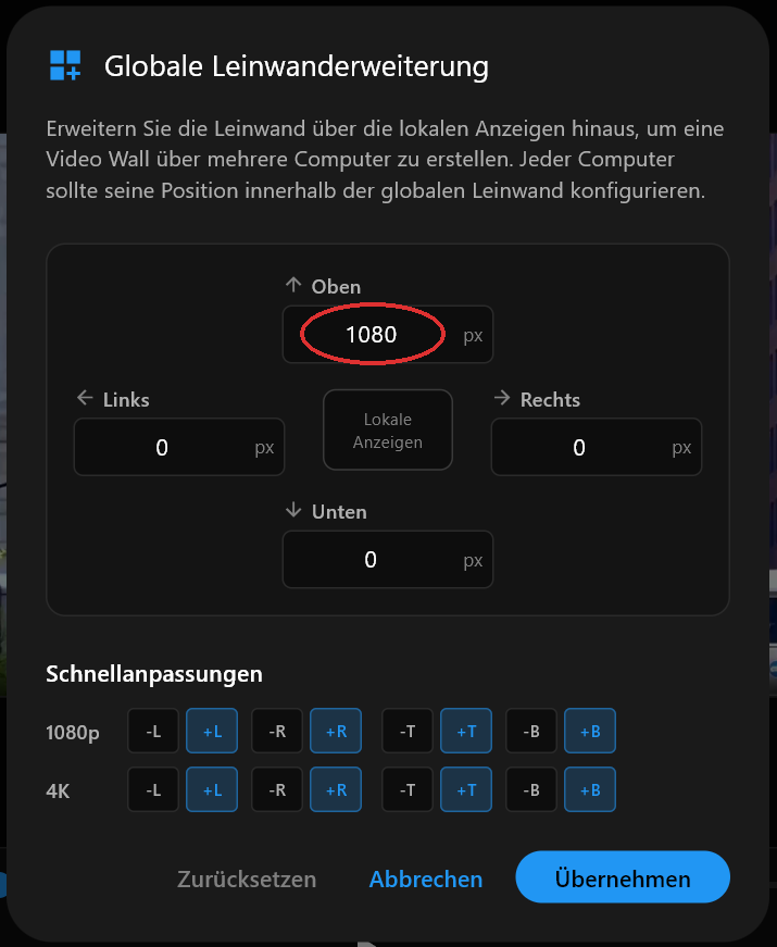 Der Dialog der Globalen Leinwanderweiterung, in dem das Feld Oben auf 1080 eingestellt ist