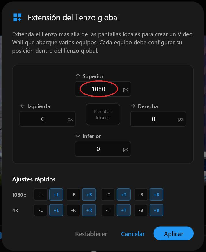 El cuadro de diálogo de la Extensión del lienzo global con el campo Superior puesto en 1080