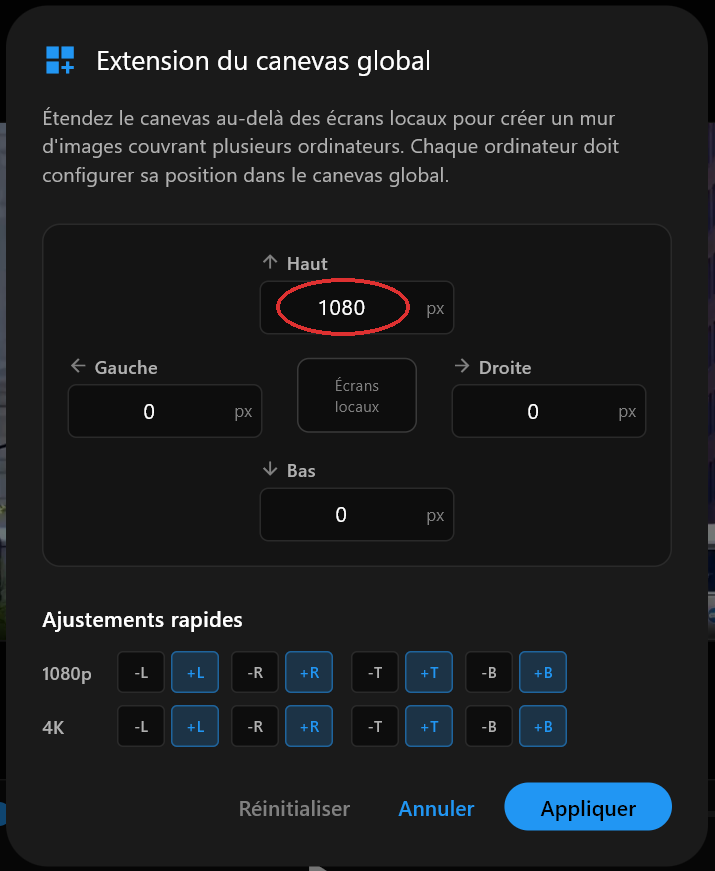 La boîte de dialogue Extension du canevas global avec le champ Haut réglé sur 1080