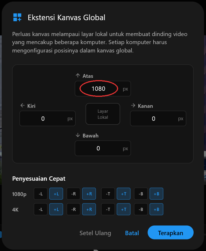 Dialog Ekstensi Kanvas Global dengan bidang Atas diatur ke 1080