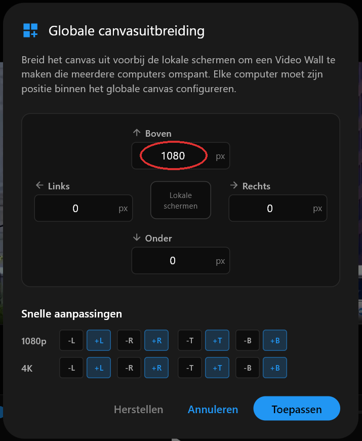 Het dialoogvenster Globale canvasuitbreiding met het veld Boven ingesteld op 1080
