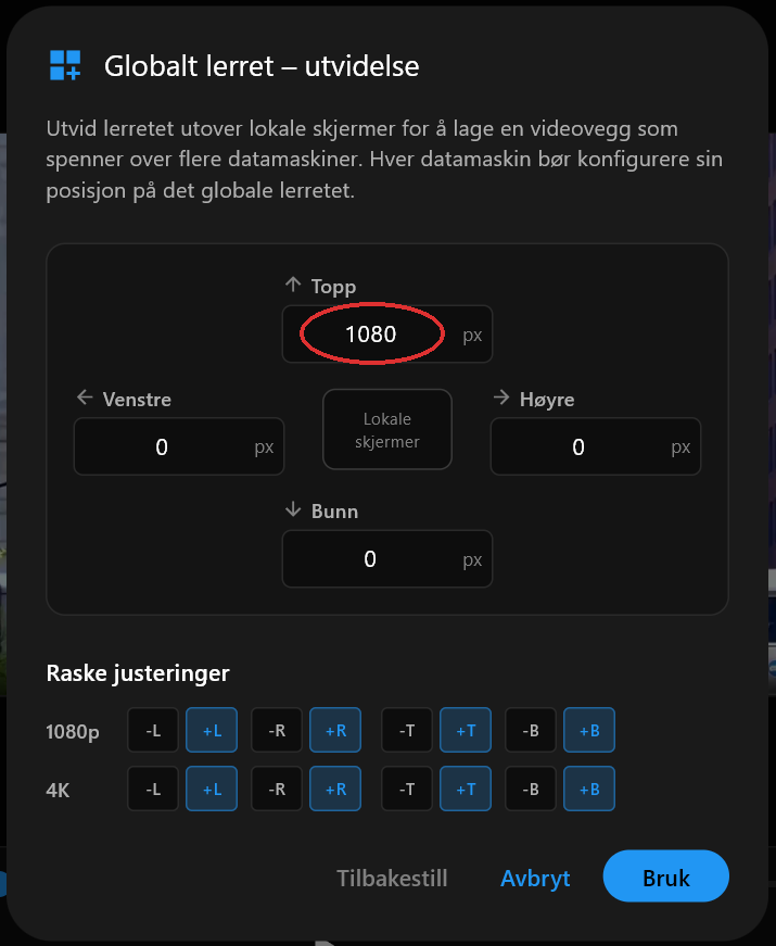 Dialogboksen for Globalt lerret – utvidelse med Topp-feltet satt til 1080