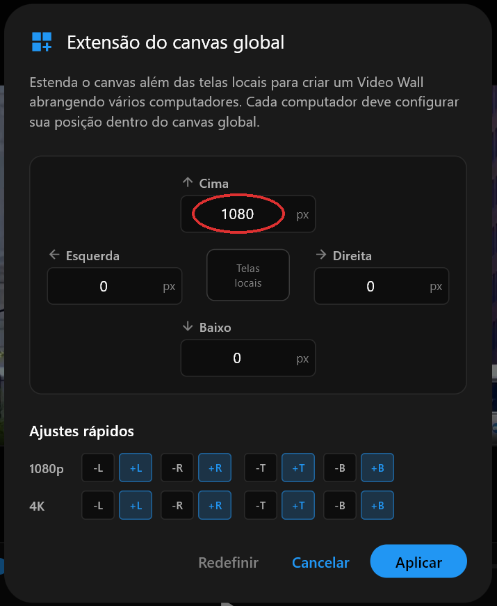 A caixa de diálogo da Extensão do canvas global com o campo Cima definido como 1080