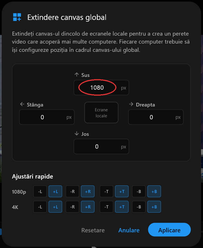 Fereastra de dialog Extindere canvas global cu câmpul Sus setat la 1080