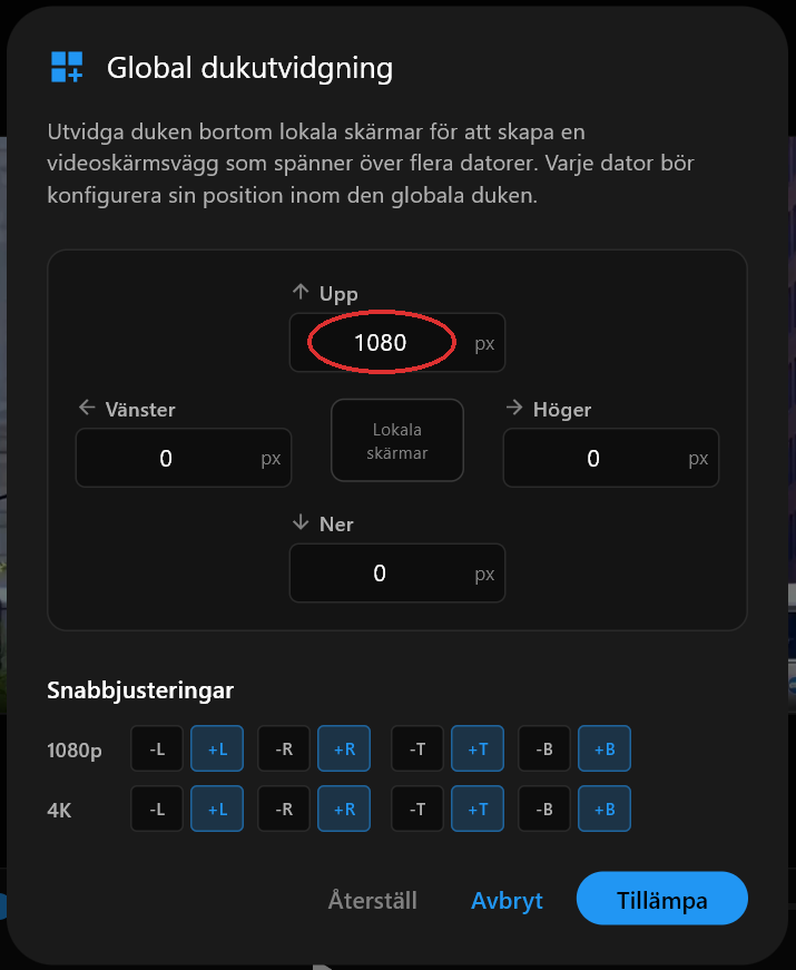 Dialogrutan för Global dukutvidgning med fältet Upp inställt på 1080