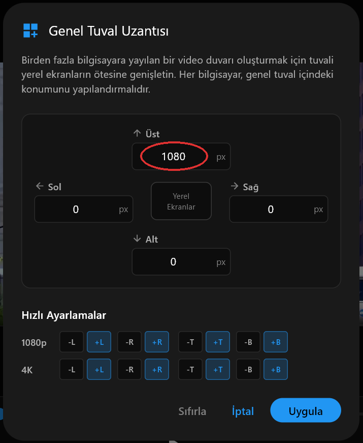 Üst alanı 1080 olarak ayarlanmış Genel Tuval Uzantısı iletişim kutusu