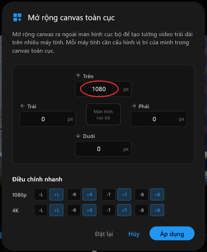 Hộp thoại Mở rộng canvas toàn cục với trường Trên được đặt thành 1080