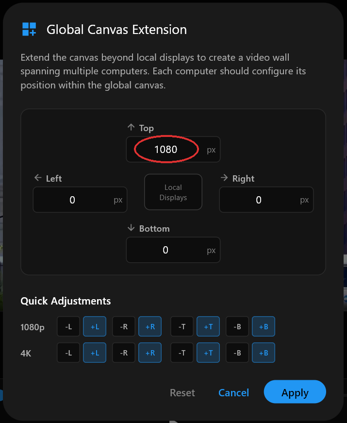 The Global Canvas Extension dialog with the Top field set to 1080