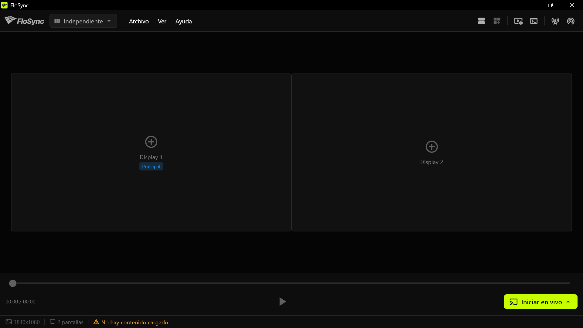 El compositor de FloSync con dos recuadros de pantalla vacíos, uno junto al otro, que coinciden con dos pantallas físicas, con el mensaje de estado No hay contenido cargado