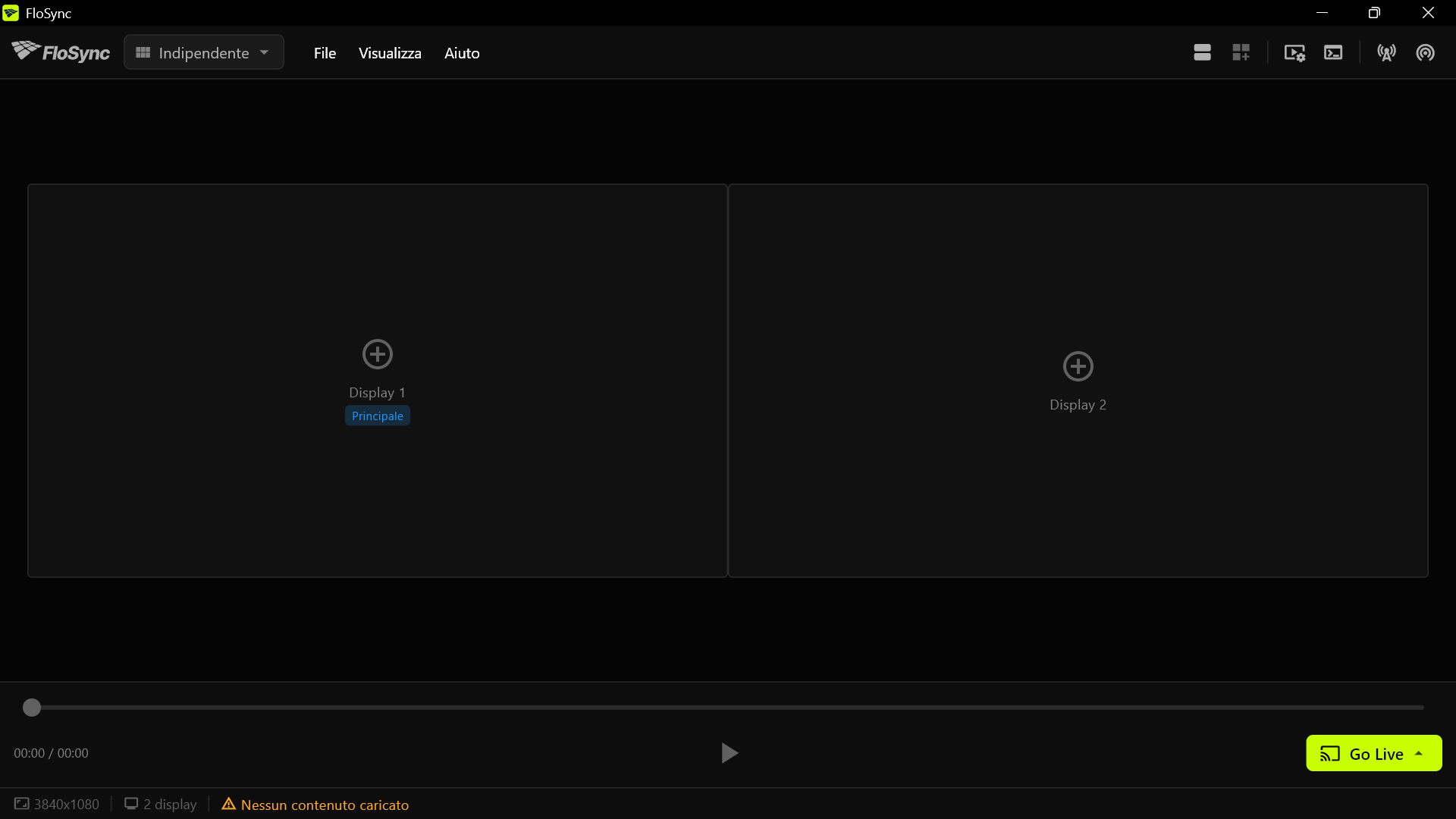 Il compositore di FloSync che mostra due riquadri schermo vuoti affiancati, corrispondenti a due display fisici, con un messaggio di stato Nessun contenuto caricato