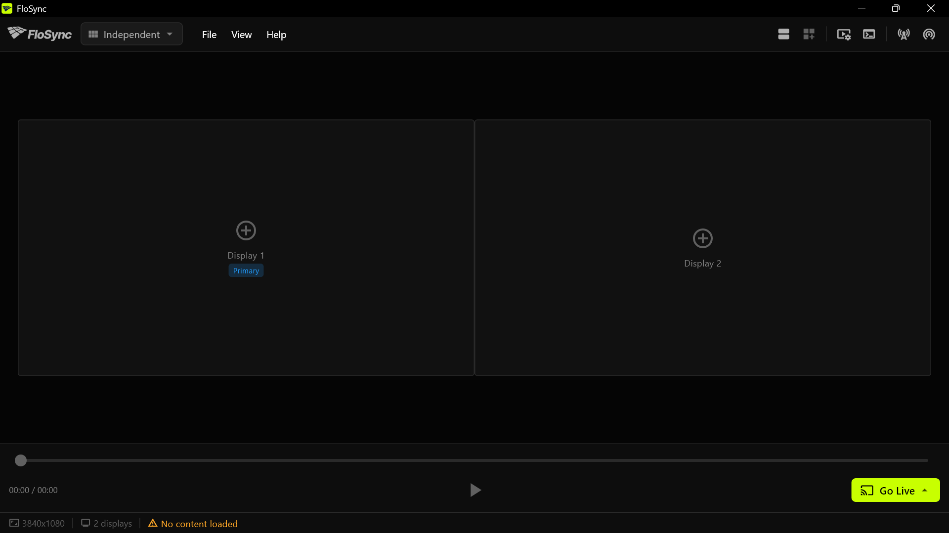 FloSync's composer showing two empty screen boxes side by side, matching two physical displays, with a No content loaded status message