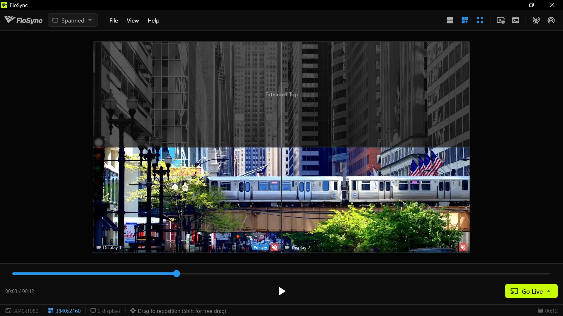The global canvas view showing a phantom row above the two real screens, with the full frame fitting the taller canvas