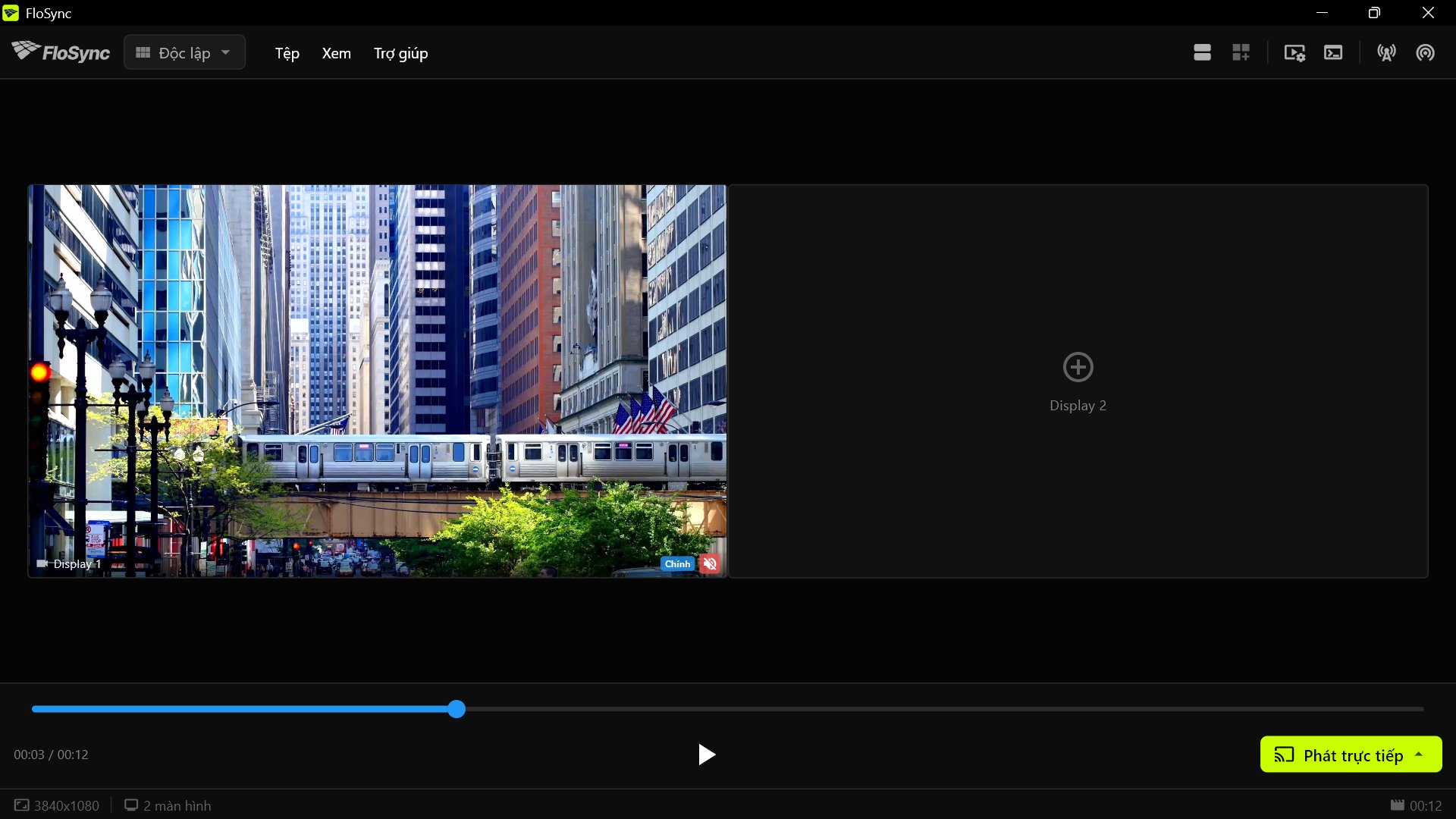 Giao diện chính của FloSync với video đã tải vào hộp Chính của Màn hình 1, hộp Màn hình 2 vẫn còn trống