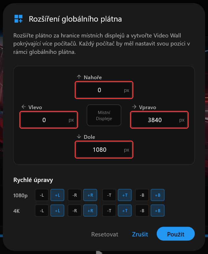 Dialog Rozšíření globálního plátna na PC 1 s hodnotami Nahoře, Vpravo, Dole a Vlevo nastavenými na 0, 3840, 1080 a 0, čtyři pole označena