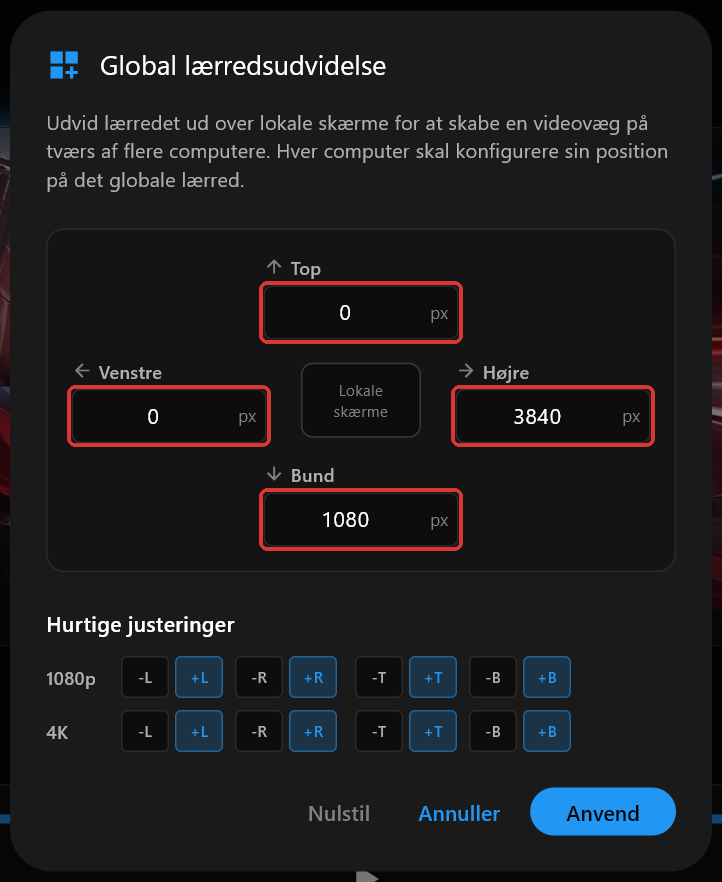 PC 1's dialog Global lærredsudvidelse med Top, Højre, Bund og Venstre sat til 0, 3840, 1080 og 0, de fire felter markeret