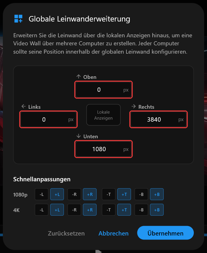 Der Dialog der Globalen Leinwanderweiterung auf PC 1 mit den Werten 0, 3840, 1080 und 0 für Oben, Rechts, Unten und Links, die vier Felder rot markiert