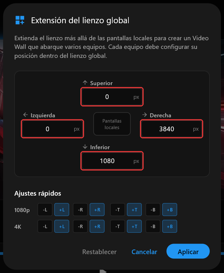 El cuadro de diálogo de Extensión del lienzo global del PC 1 con Superior, Derecha, Inferior e Izquierda en 0, 3840, 1080 y 0, con los cuatro campos marcados en rojo