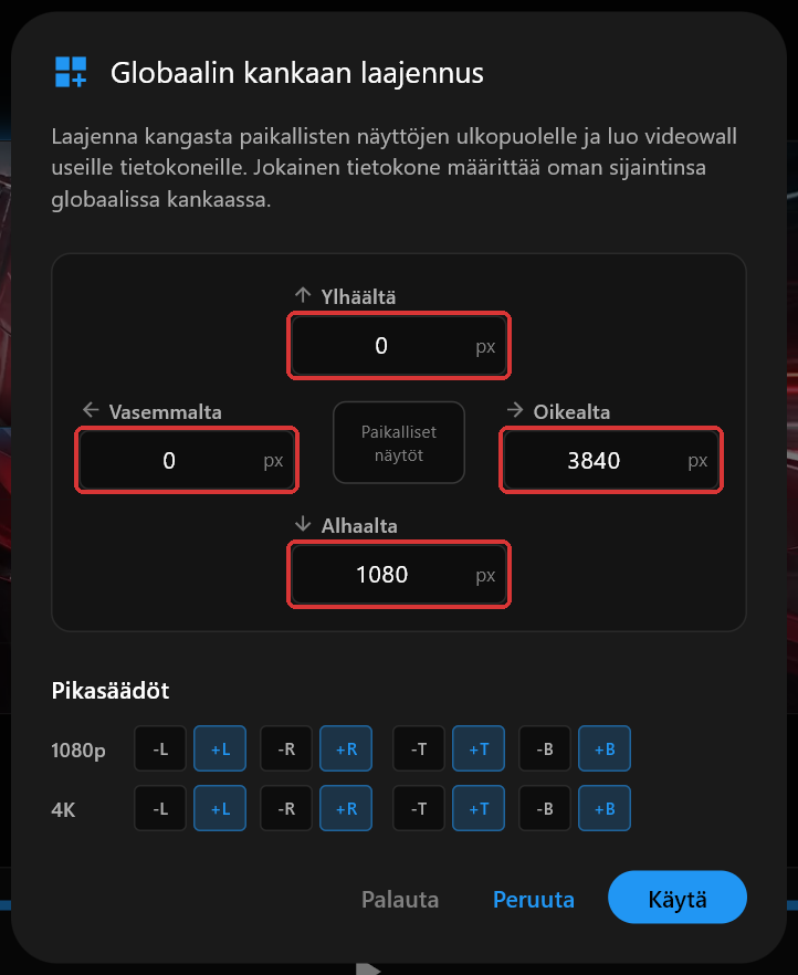 PC 1:n Globaalin kankaan laajennus -dialogi, jossa Ylhäältä, Oikealta, Alhaalta ja Vasemmalta on asetettu arvoihin 0, 3840, 1080 ja 0, ja kaikki neljä kenttää on merkitty