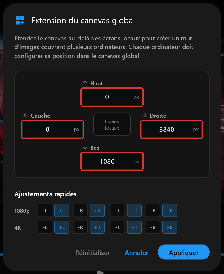 La boîte de dialogue Extension du canevas global de PC 1 avec Haut, Droite, Bas et Gauche réglés sur 0, 3840, 1080 et 0, les quatre champs encadrés en rouge