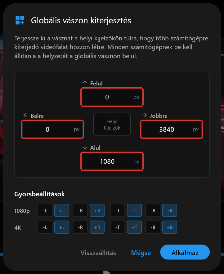 A PC 1 Globális vászon kiterjesztés párbeszédablaka: a Felül, Jobbra, Alul és Balra mező értéke 0, 3840, 1080 és 0, a négy mező megjelölve