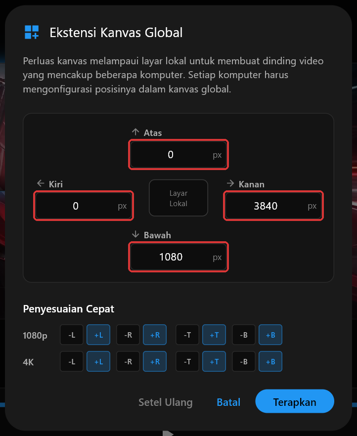 Dialog Ekstensi Kanvas Global di PC 1 dengan Atas, Kanan, Bawah dan Kiri diatur ke 0, 3840, 1080 dan 0, keempat kolom isiannya ditandai
