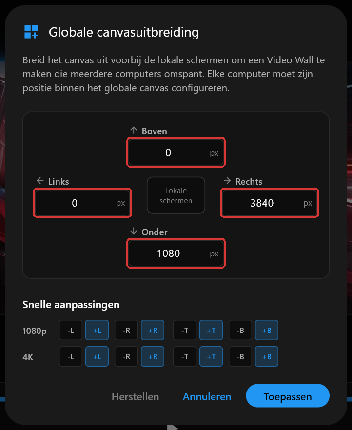 Het dialoogvenster Globale canvasuitbreiding van PC 1 met Boven, Rechts, Onder en Links ingesteld op 0, 3840, 1080 en 0, de vier velden rood omlijnd