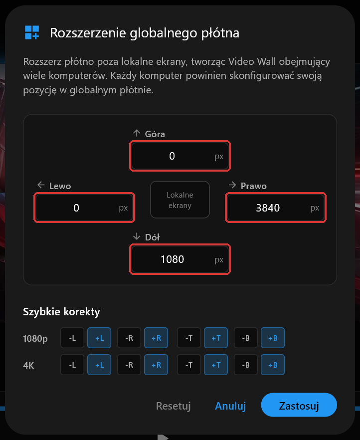 Okno Rozszerzenia globalnego płótna na PC 1 z wartościami Góra, Prawo, Dół i Lewo ustawionymi na 0, 3840, 1080 i 0, cztery pola zaznaczone na czerwono