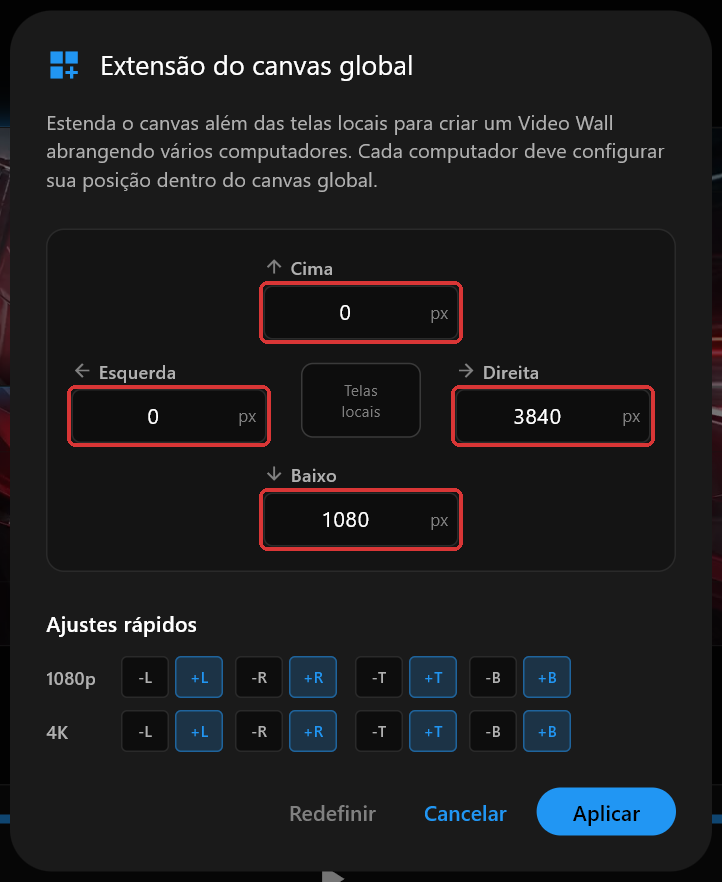 O diálogo da Extensão do canvas global no PC 1 com Cima, Direita, Baixo e Esquerda definidos como 0, 3840, 1080 e 0, os quatro campos destacados