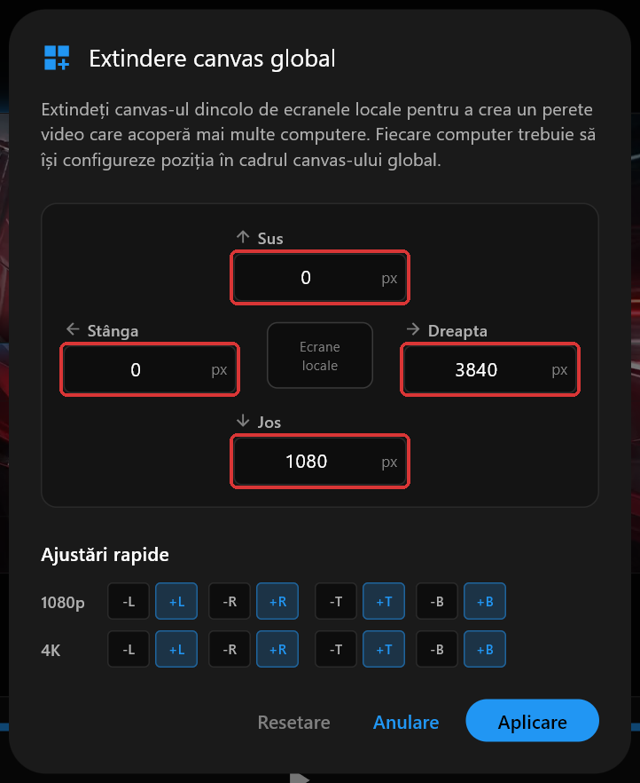 Dialogul Extindere canvas global de pe PC 1, cu Sus, Dreapta, Jos și Stânga setate la 0, 3840, 1080 și 0, cele patru câmpuri marcate