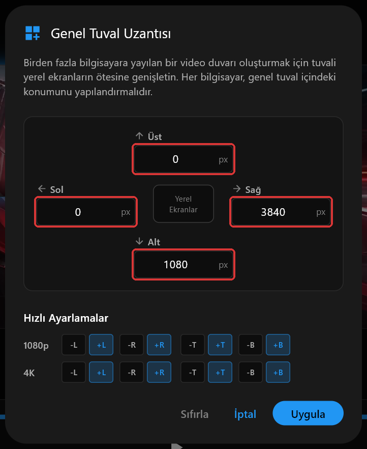 PC 1'in Genel Tuval Uzantısı iletişim kutusu; Üst, Sağ, Alt ve Sol 0, 3840, 1080 ve 0 olarak ayarlı, dört alan kırmızı çerçeveyle işaretli