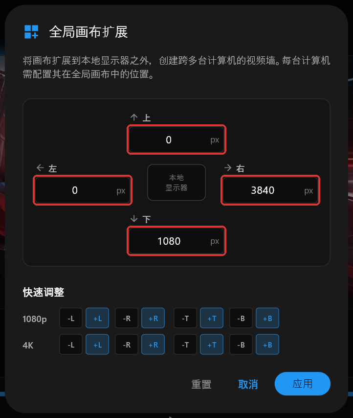 PC 1 的全局画布扩展对话框：上、右、下、左分别设为 0、3840、1080 和 0，四个字段都已标出