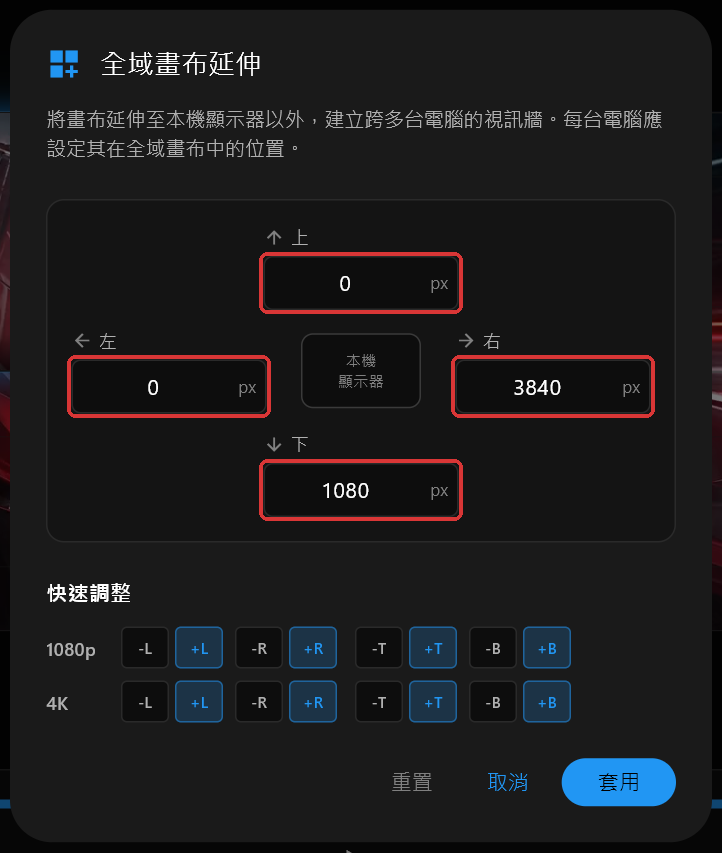 PC 1 的全域畫布延伸對話框，「上」、「右」、「下」、「左」分別設為 0、3840、1080 和 0，四個欄位都有標示